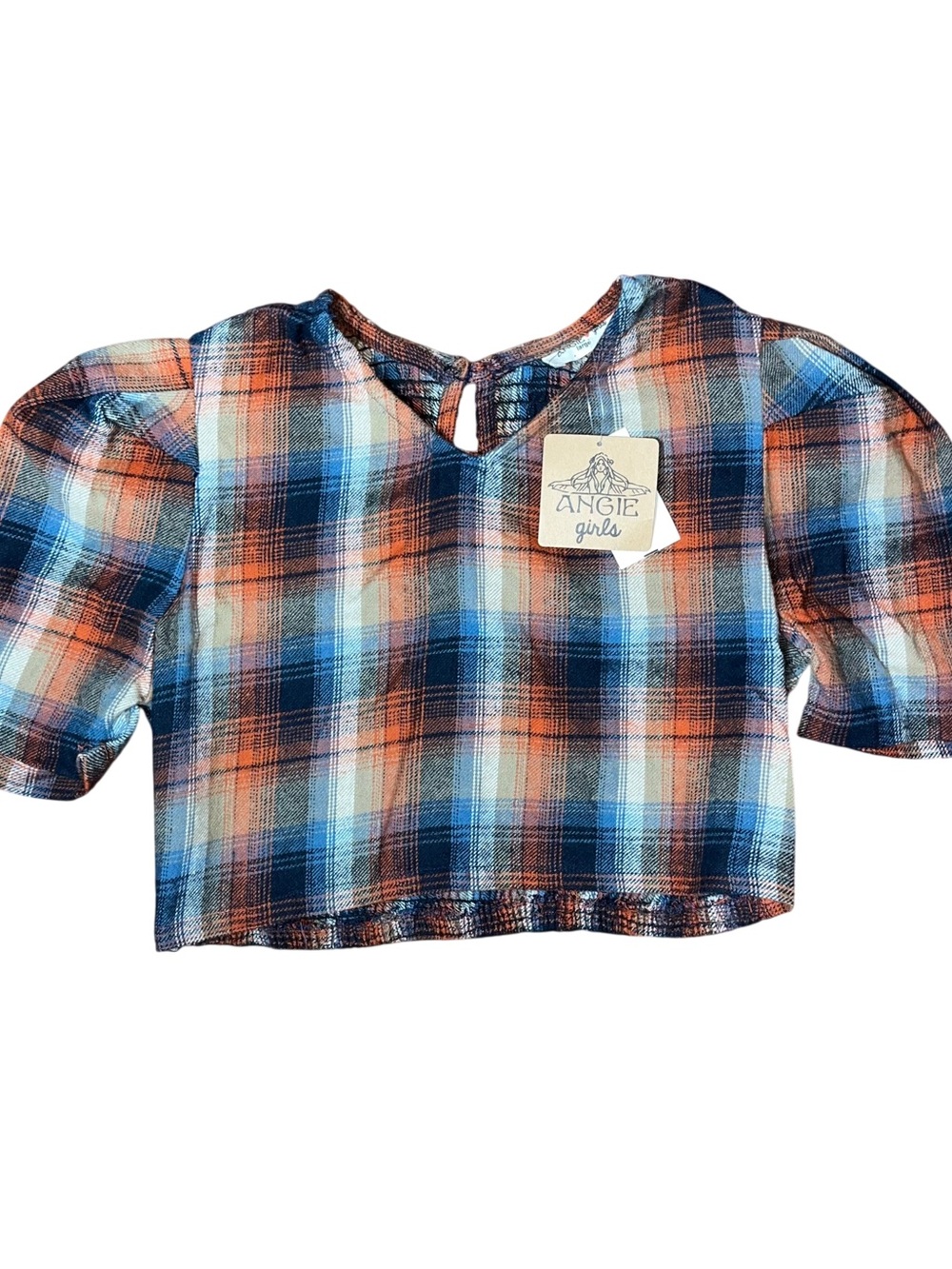Angie Girls Short Sleeve Shirt Crop Orange Blue Plaid Smocked Large NWT Flannel